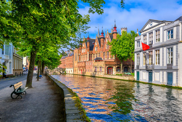 View of the historic city center of Bruges (Brugge), West Flanders province, Belgium. Cityscape of Bruges with canal.