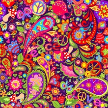 Hippie Vivid Colorful Wallpaper With Abstract Flowers, Hippie Peace Symbol, Peace And Love Words, Mushrooms, Pomegranate And Paisley