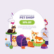 Pet shop poster or banner design template. Vector cartoon illustration of cats, dogs, aquarium fish and canary.