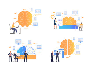 Wall Mural - Collection of scientists studying brain. Group of business people doing research of customers needs. Vector illustration for presentation, analysis, learning statistics