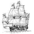 Sailing Ship vintage frigate on the waves. Hand drawn vector illustration. Hand sketch. Illustration.