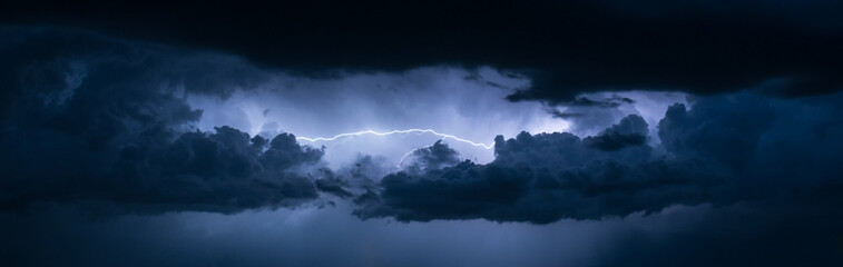 Panoramic view of lightning between the clouds