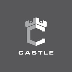 Letter C with castle icon logo.Castle logo with letter C shape