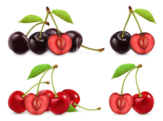 Wall Mural - Cherries. Whole and half berries. 3d realistic vector set