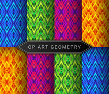 Vector Set Of Eight Crazy Geometric Seamless Patterns In Style Op Art, Modern Different Acid Colors.