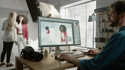 Poster - Backstage of the Photoshoot: Make-up Artist Applies Makeup on Beautiful Black Girl. Photo Editor Works on Desktop Computer Retouching Photo with Image Editing Software. Fashion Internet Magazine 