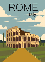 Rome Vintage Retro Poster. Landscape Of Rome With The Coliseum.