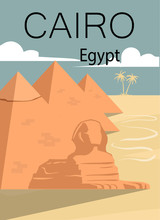 Egyptian Pyramids And Sphinx Against The Backdrop Of The Hot Desert Of Egypt Retro Poster.