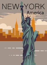 New-York Retro Poster. New-york City American Landscape With Statue Of Liberty.