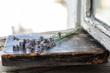 Aromatic Lavender Flowers And Old Book On Old Grunge Window. Romantic Vintage Composition.