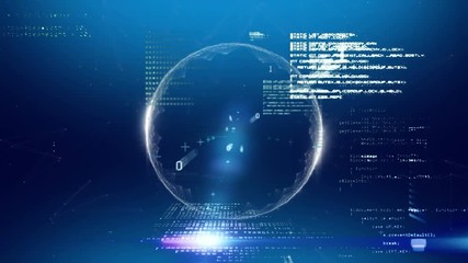 Poster - Animation of rotating globe with interface codes shooting out objects