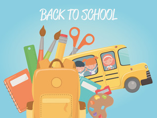 Poster - school bus with group of kids and supplies