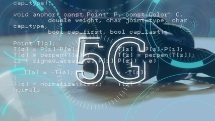 Poster - Program codes and 5G written in the middle of futuristic circles 