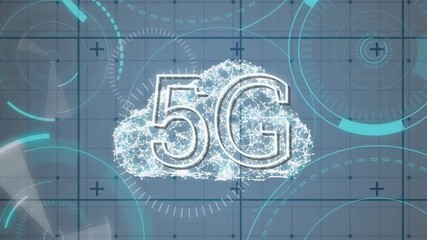 Poster - Digital cloud behind 5G written in the middle of a futuristic circles