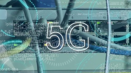 Poster - Cables and wires behind a 5G written in the middle of a futuristic circles and program codes