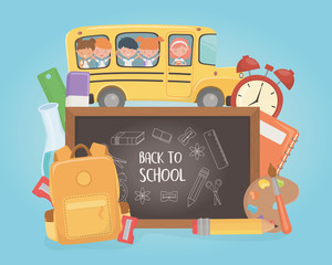 Wall Mural - school bus with group of kids and supplies