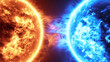 Realistic 3d illustration Fire Planet Vs Frozen Planet. Sun surface with solar flares against Frozen planet isolated on black. Highly realistic sun surface. Fire vs Ice concept.