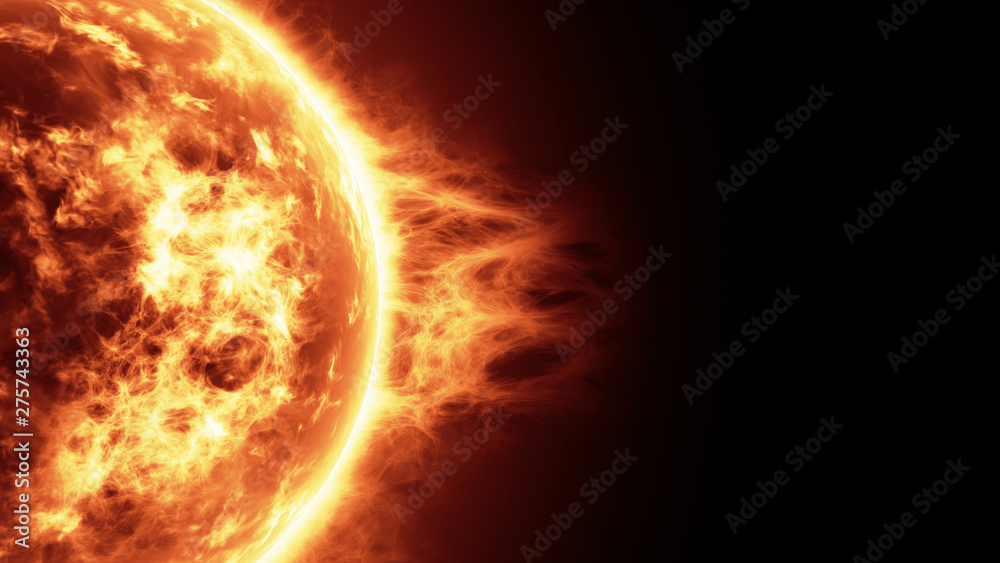 Realistic 3d illustration of Sun surface with solar flares, Burning of the sun with copy space. Highly realistic sun surface. Science and space background. - obrazy, fototapety, plakaty 