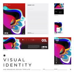 Stationery Corporate Brand Identity Mockup set with Colorful Abstract Fluid Background. Vector Illustration Mock up for Branding, product, event, banner, website.