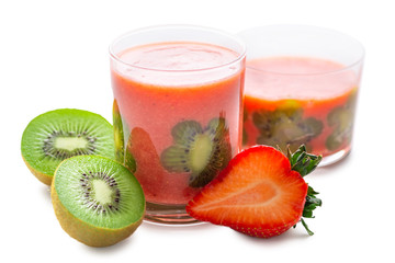 strawberry juice in two transparent glasses decorated kiwi and strawberry isolated on white background, concept healthy drink