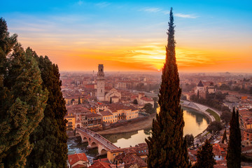 Beautiful aerial view panorama Verona sunset from Castel San Pietro, Veneto region, Italy