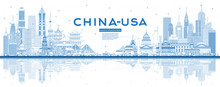 Outline China And USA Skyline With Blue Buildings And Reflections.