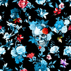 Vintage seamless background pattern. Skull with flowers, roses, peony, pomegranate and leaves on black. Hand drawn artwork. Vector - stock.