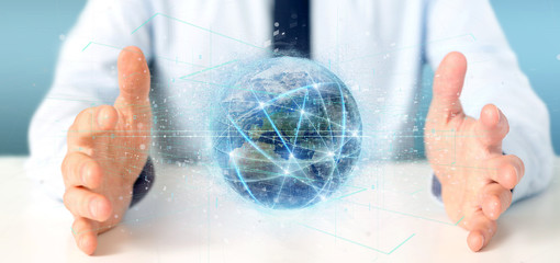 Poster - Man holding Connection around a world globe isolated 3d rendering