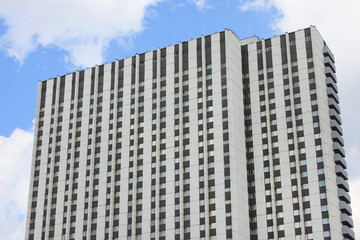 Classic soviet architecture close up view of old house exterior built in minimalit style in Moscow, Russia