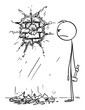 Vector cartoon stick figure drawing conceptual illustration of clumsy angry man, who destroyed the wall or plaster while tried to hammer or knock a nail or hook in to wall.