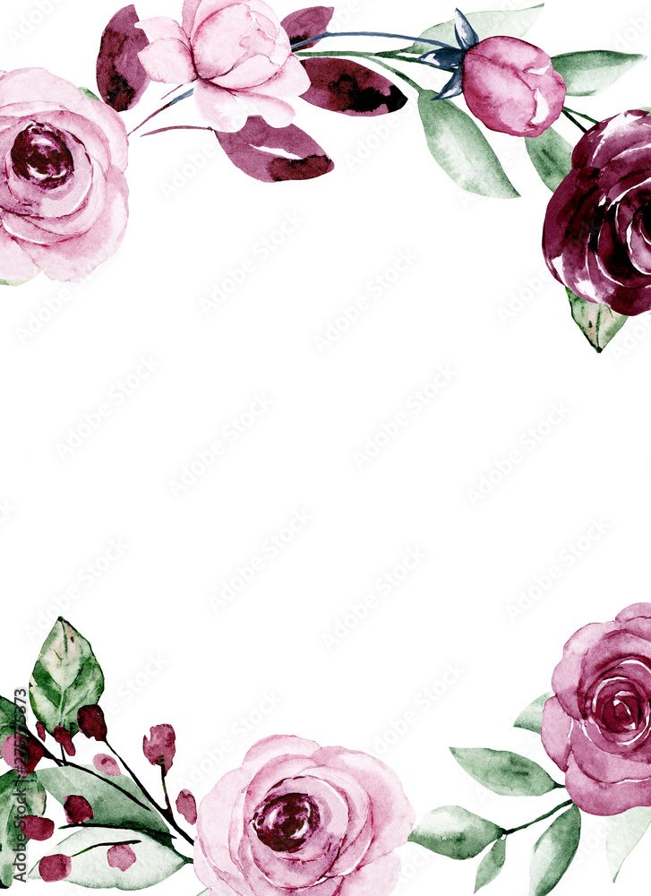 Greeting card template, watercolor flowers, frame with roses, floral ...