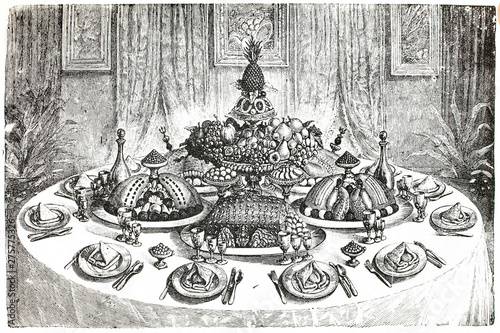 French presentation in a table. Antique illustration. Book, 1892. Tableau sur Toile