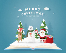 Merry Christmas And Happy New Year Greeting Card In Paper Cut Style. Vector Illustration Christmas Celebration Background With Santa Claus And Reindeer. Banner, Flyer, Poster, Wallpaper, Template.