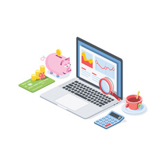 Poster - Finance and Analytics, charts and cash calculations laptop. Banking services trader. Vector 3d isometric color icon new flat style. Creative illustration, idea for infographics.