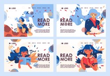 Vector Collection Of Educational Banners Or Landing Page Templates For Love To Read. Reading Young Woman Characters With Open Books, Decorated With Greenery