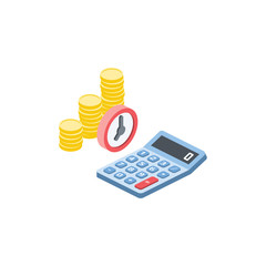 Time money calculator isometric illustrate 3d vector icon. Creative design idea.