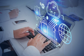 Poster - Man typing in office, cyber security interface