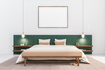 White and green bedroom with horizontal poster