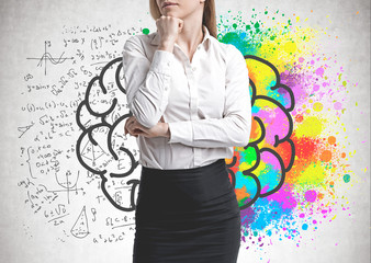 Wall Mural - pensive business woman, brain sketch