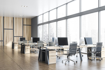 Gray and wooden panoramic open space office