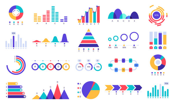 Graphic charts icons. Finance statistic chart, money revenue and profit growth graph. Business presentation graphs, website finance infographic diagram charts. Flat isolated icons vector set