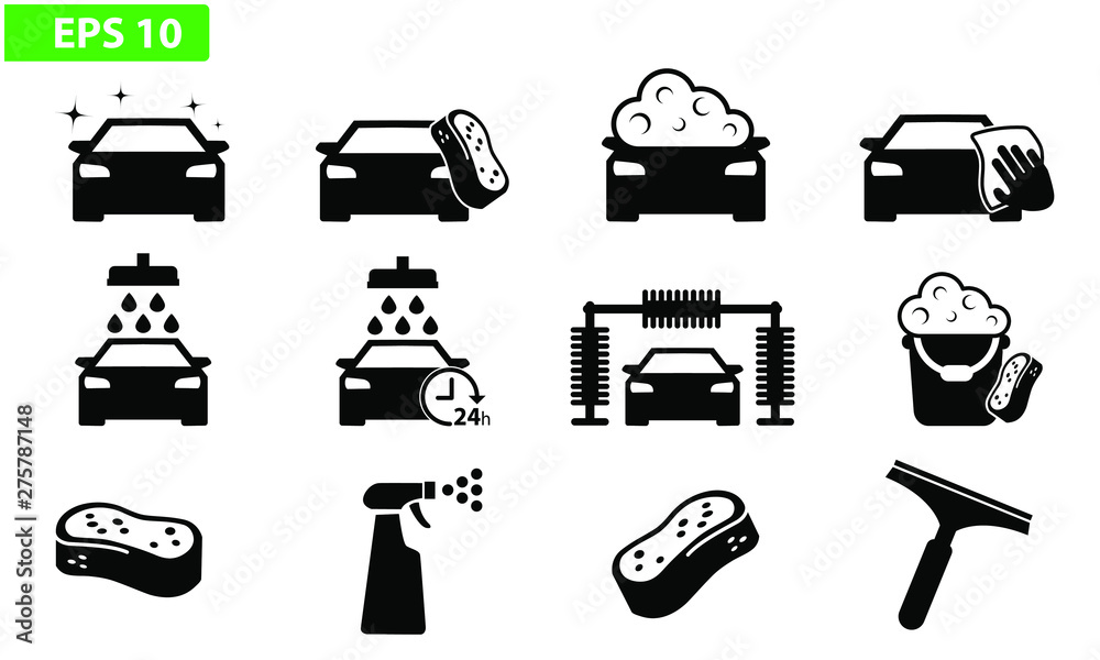 Car wash icon black vector flat design set icons washing machine - obrazy, fototapety, plakaty 