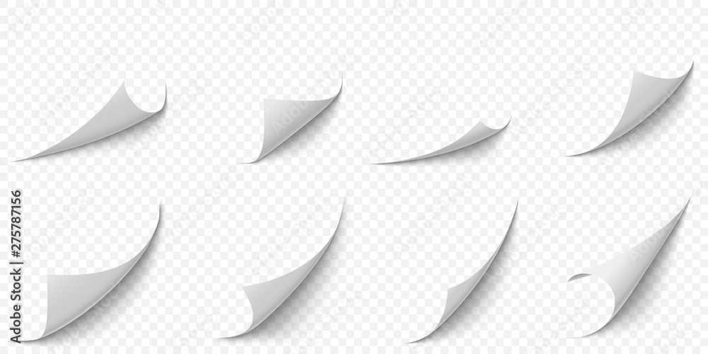 Curled paper corners. Curve page corner, pages edge curl and bent papers sheet with realistic shadow. Writing blank paper, a4 pages corners. Isolated 3d vector illustration icons set - obrazy, fototapety, plakaty 