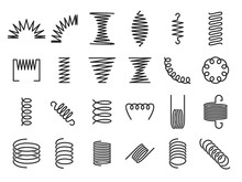Spring Coils. Metal Spiral Springs, Metallic Coil And Linear Spirals Silhouette. Vape Or Machine Steel Coil, Twisted Spiral Flexibility Spring Part. Isolated Vector Icon Set