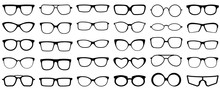 Glasses Silhouette. Retro Glasses, Eye Health Eyewear And Rim Sunglasses Silhouettes. Hipster Or Geek Plastic Eye Optic Lens Frame Accessory Design. Isolated Vector Icons Set