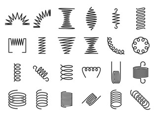 Spring coils. Metal spiral springs, metallic coil and linear spirals silhouette. Vape or machine steel coil, twisted spiral flexibility spring part. Isolated vector icon set