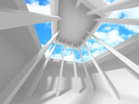 Futuristic White Architecture Design on Cloudy Sky Background