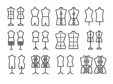 Male & Female Dressmaking Mannequin. Signs Of Tailor Dummy. Display Bust, Torso. Dress Form. Line Icon Set. Black & White Vector Illustration