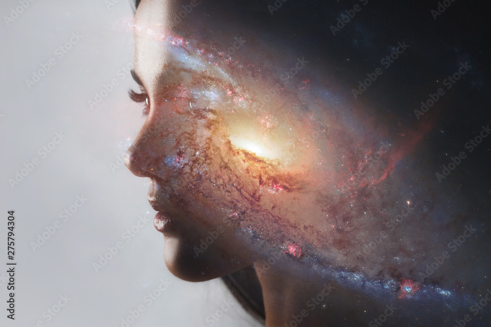 The universe inside us, the profile of a young woman and space, the effect of double exposure. scientific concept. The brain and creativity. Elements of this image furnished by NASA - obrazy, fototapety, plakaty 