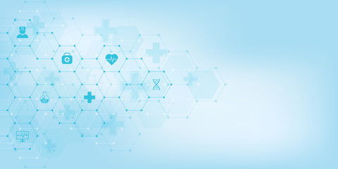 Wall Mural - Abstract medical background with flat icons and symbols. Template design with concept and idea for healthcare technology, innovation medicine, health, science and research.